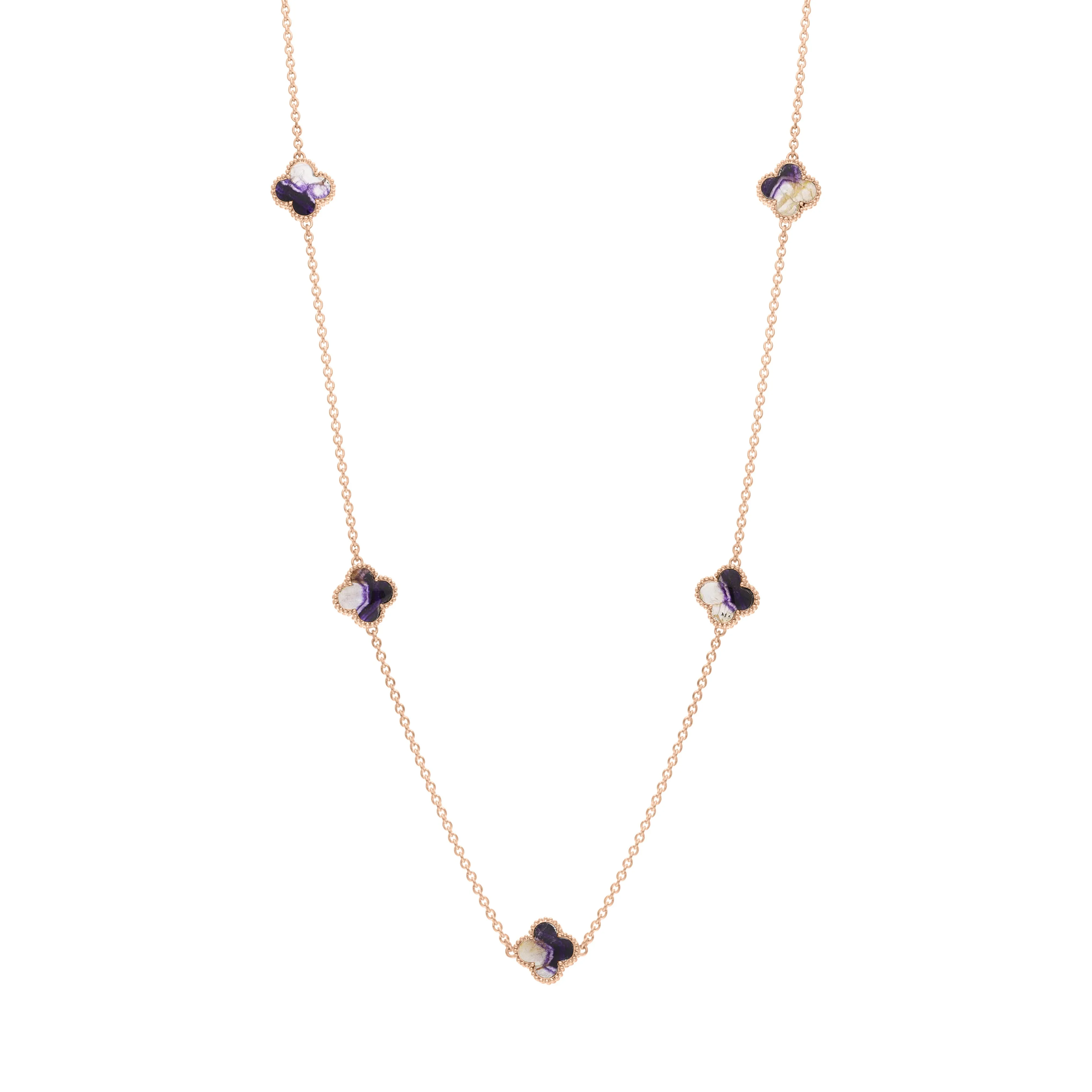 18ct Rose Gold Blue John bloom Four Leaf Clover Ball Edge Necklace sold by C.W. Sellors