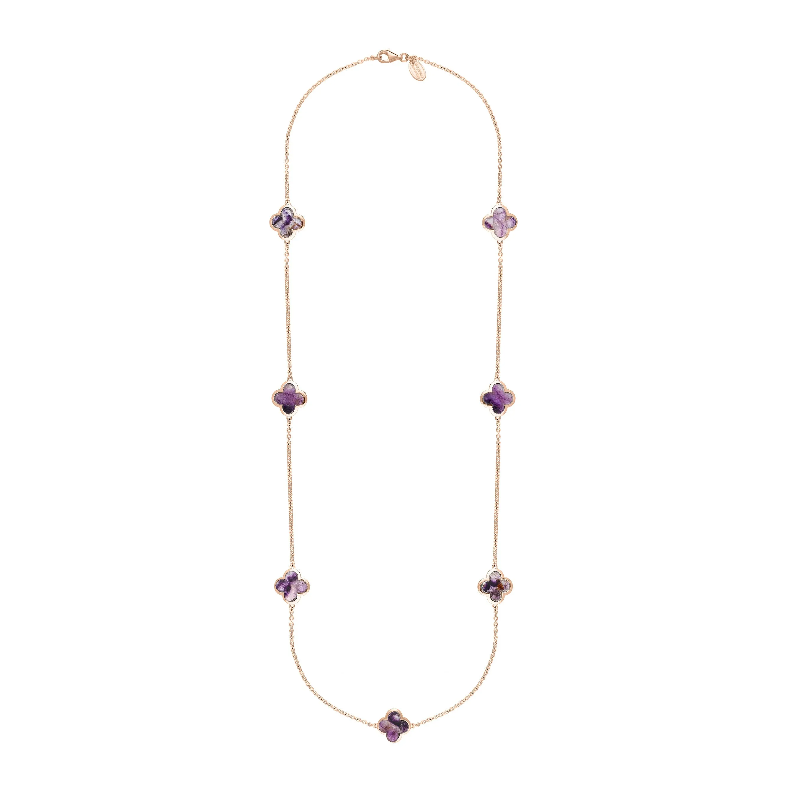 18ct Rose Gold Blue John bloom Four Leaf Clover Long Necklace sold by C.W. Sellors