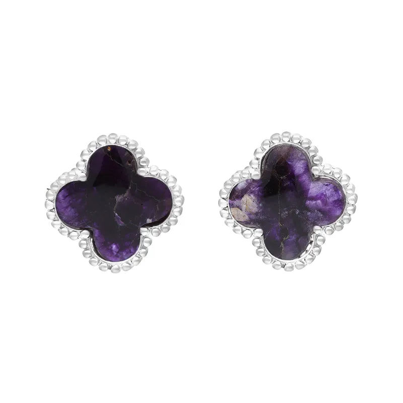 18ct White Gold Blue John bloom Four Leaf Clover Ball Edge Stud Earrings sold by C.W. Sellors
