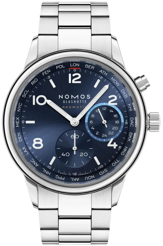 Nomos Glashutte Club Sport Neomatik Worldtimer Blue Sapphire Crystal Watch Pre-Order sold by C.W. Sellors