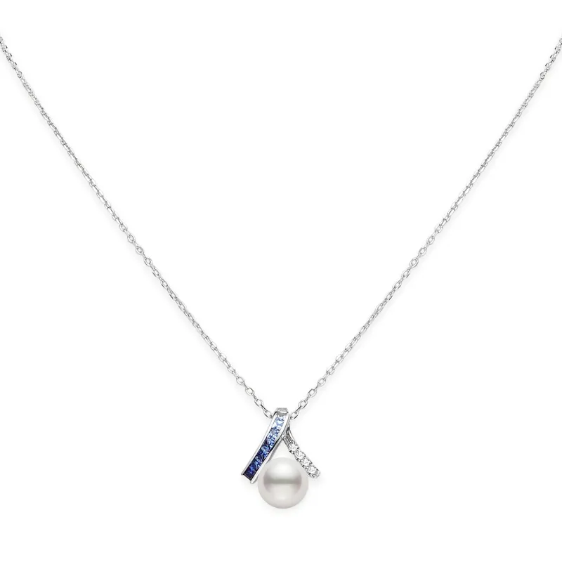 Mikimoto 18ct White Gold Akoya Pearl 0.12ct Sapphire  & 0.48ct Diamond Ocean Pendant sold by C.W. Sellors