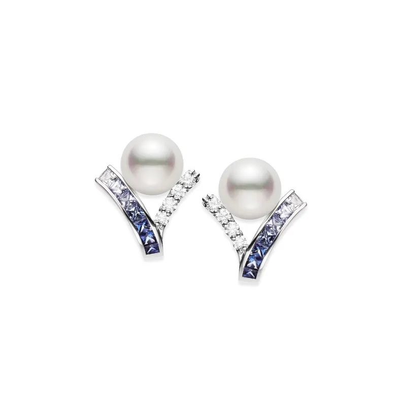 Mikimoto 18ct White Gold Akoya Pearl 1.05ct Sapphire & 0.29ct Diamond Ocean Earrings sold by C.W. Sellors