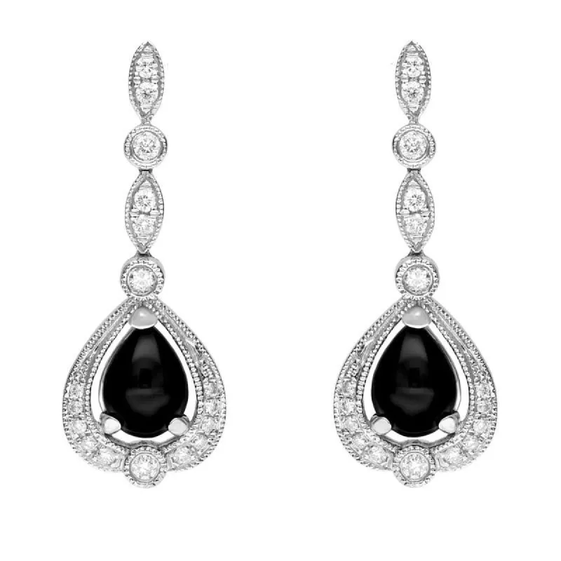 18ct White Gold Whitby Jet 0.31ct Diamond Pear Drop Earrings sold by C.W. Sellors