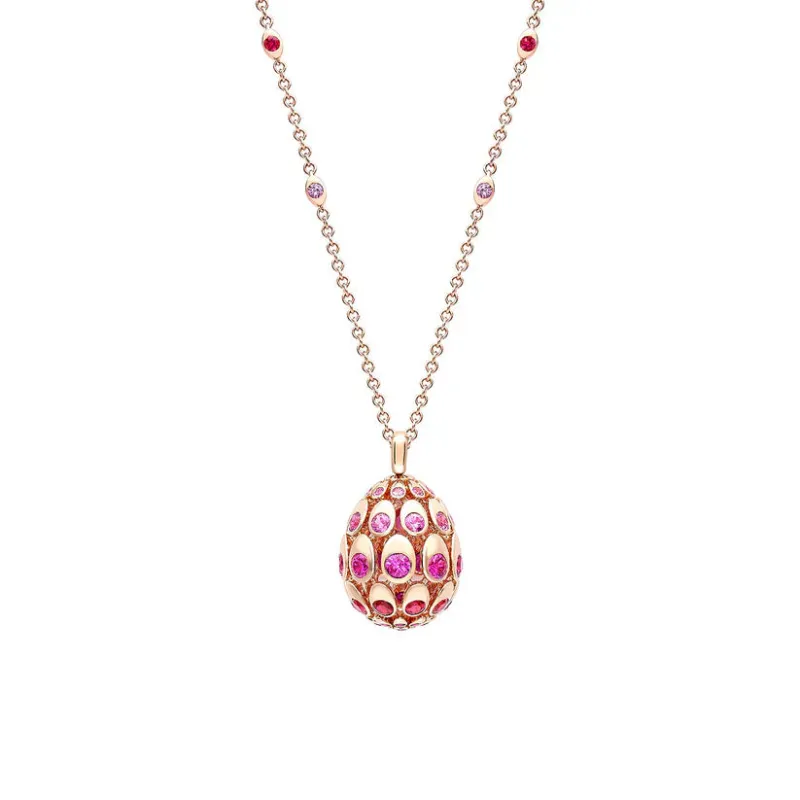 Fabergé Cosmic Curve 18k Rose Gold Ruby & Pink Sapphire Egg Pendant & Chain sold by C.W. Sellors