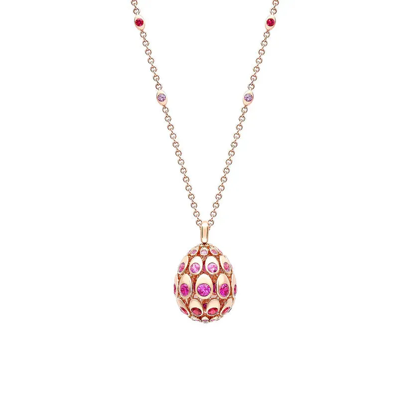 Fabergé Cosmic Curve 18k Rose Gold Ruby & Pink Sapphire Egg Pendant & Chain sold by C.W. Sellors