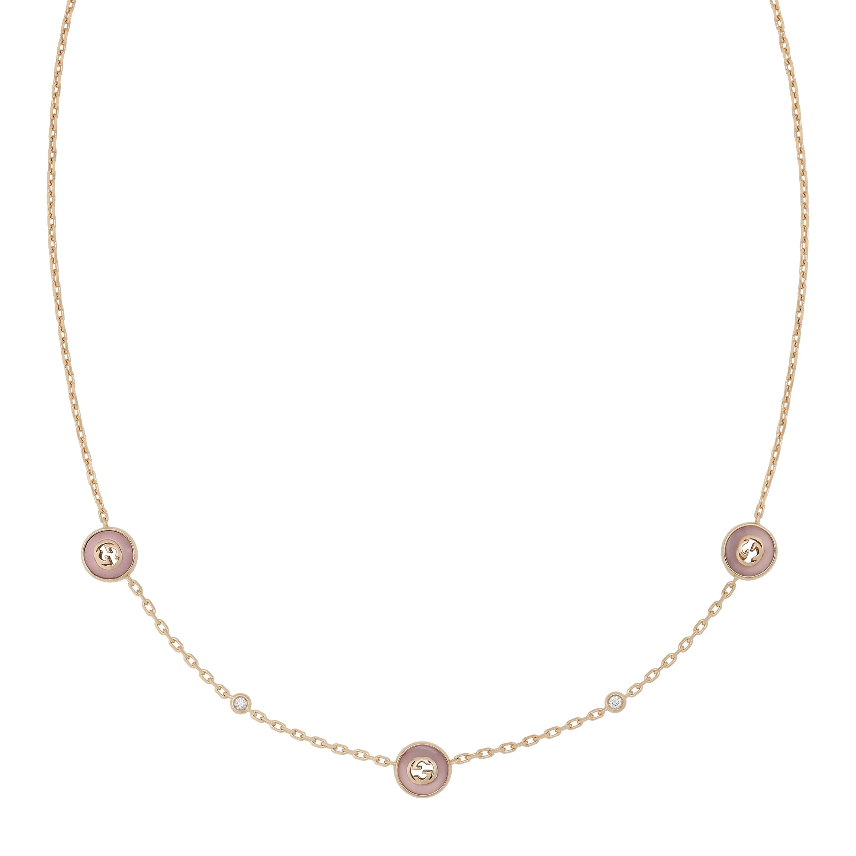 Gucci Interlocking G 18ct Rose Gold Diamond & Pink Opal Necklace sold by C.W. Sellors