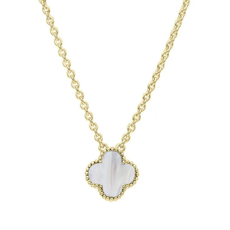18ct Yellow Gold White Mother of Pearl Bloom Small Four Leaf Clover Ball Edge Chain Necklet sold by C.W. Sellors