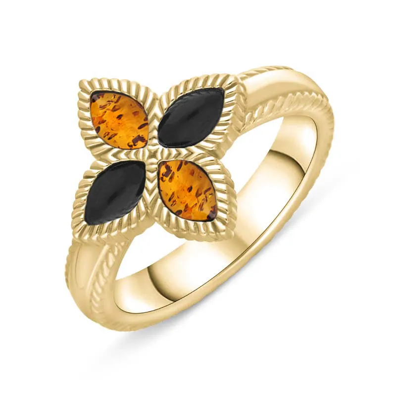 18ct Yellow Gold Whitby Jet And Amber Eden Marquise Flower Ring sold by C.W. Sellors