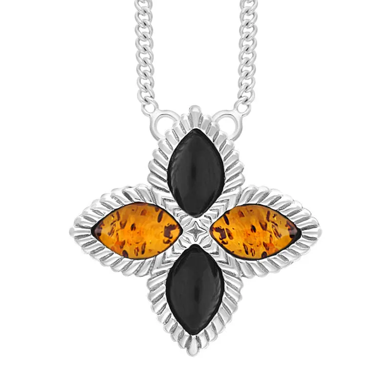 Sterling Silver Whitby Jet And Amber Eden Large Marquise Flower Necklace sold by C.W. Sellors