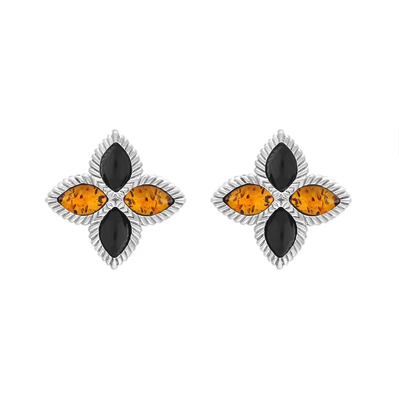 9ct White Gold Whitby Jet And Amber Eden Marquise Flower Stud Earrings sold by C.W. Sellors