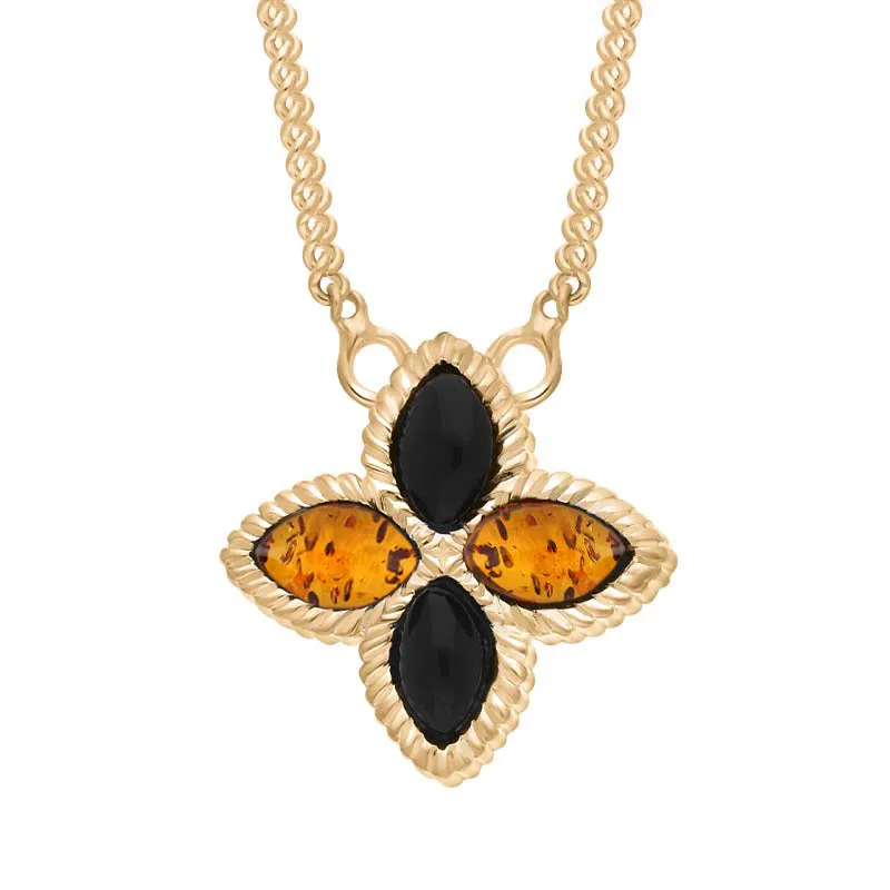 18ct Yellow Gold Whitby Jet And Amber Eden Small Marquise Flower Necklace sold by C.W. Sellors