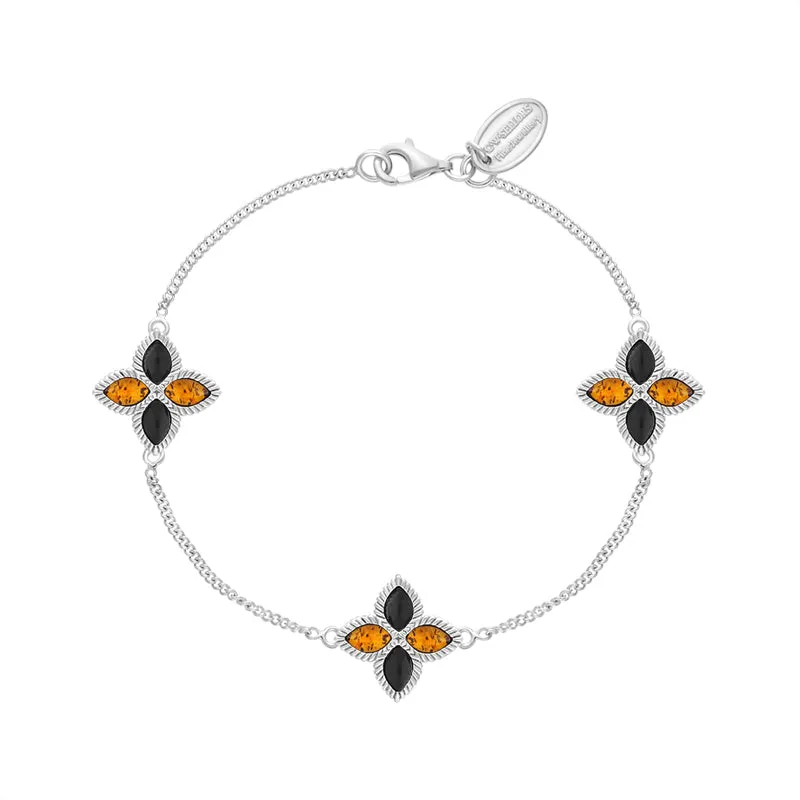 Sterling Silver Whitby Jet And Amber Eden Marquise Flower Bracelet sold by C.W. Sellors