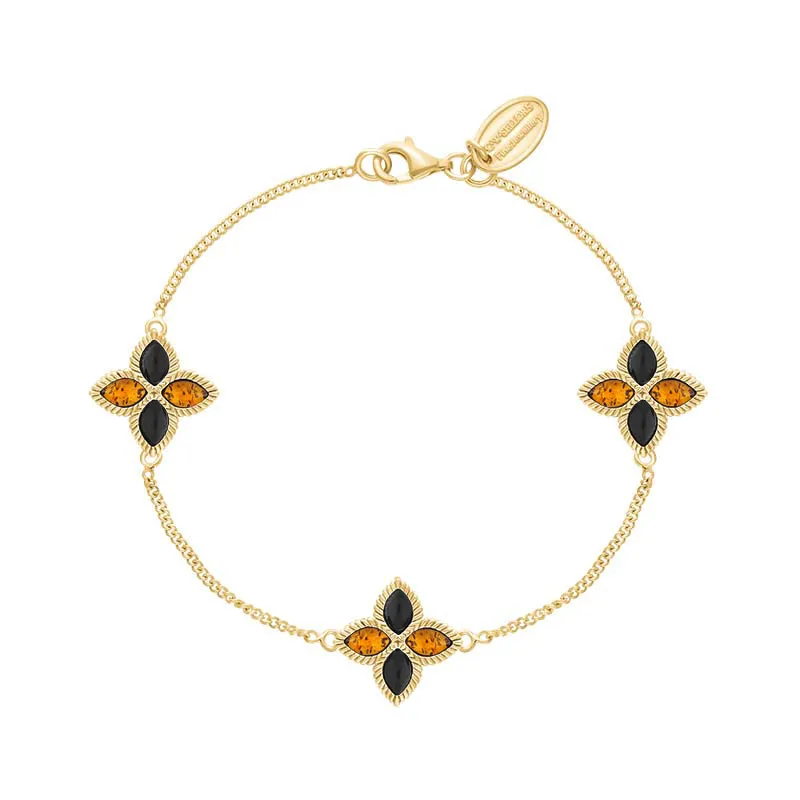 9ct Yellow Gold Whitby Jet And Amber Eden Marquise Flower Bracelet sold by C.W. Sellors