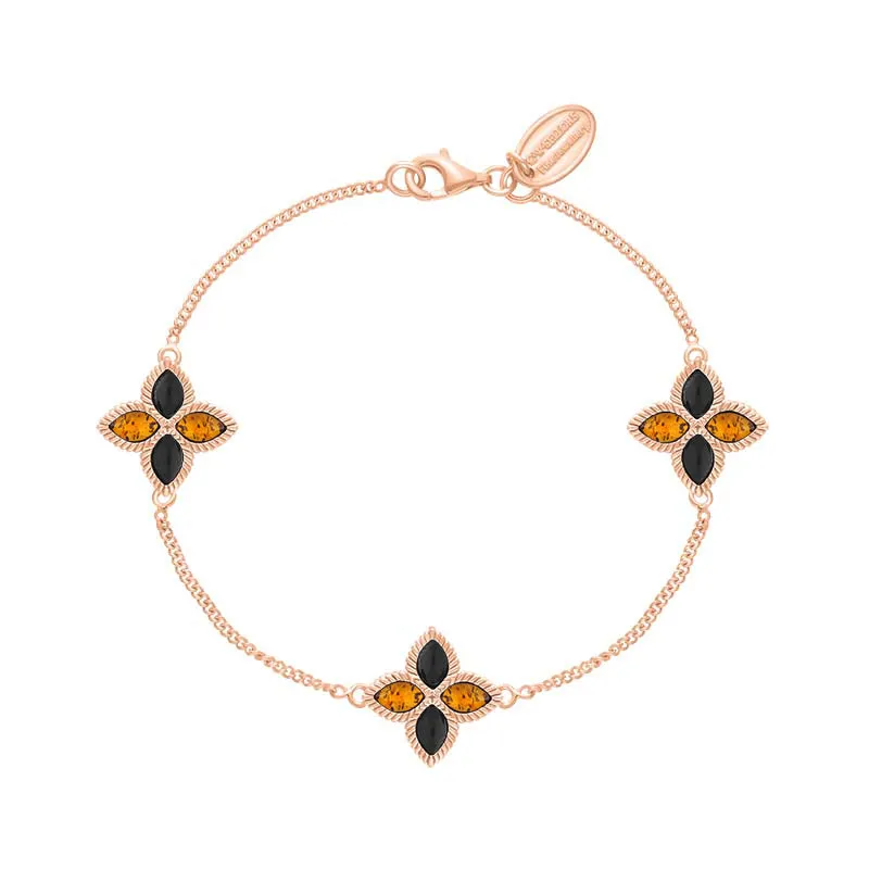 18ct Rose Gold Whitby Jet And Amber Eden Marquise Flower Bracelet sold by C.W. Sellors