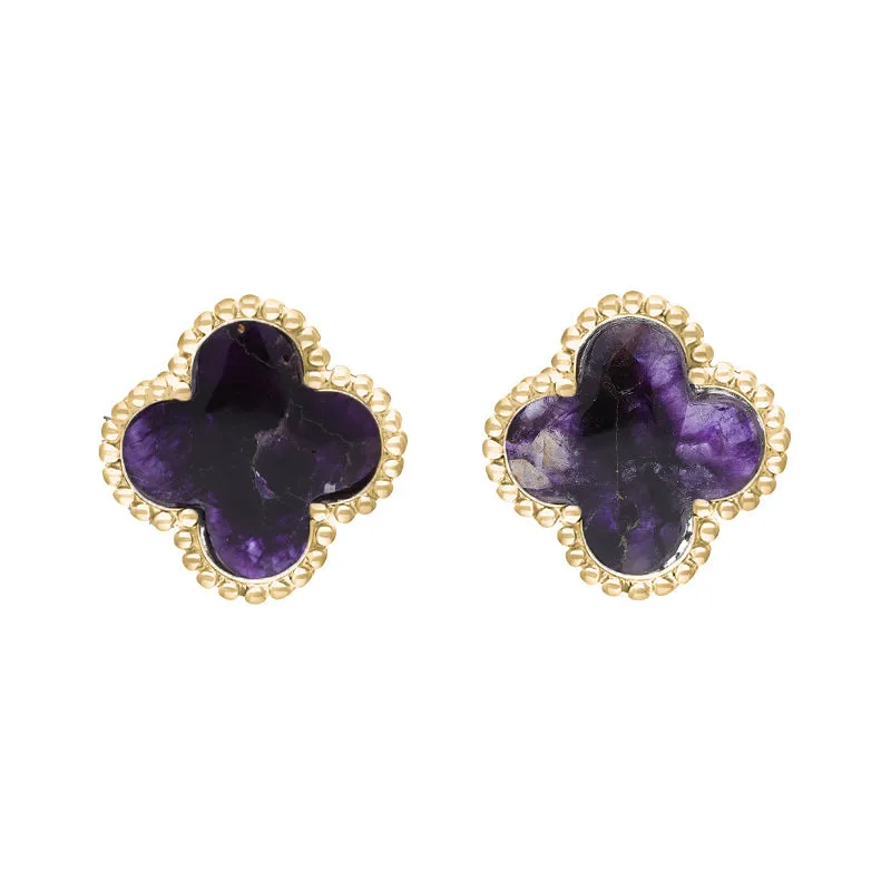 9ct Yellow Gold Blue John Bloom Four Leaf Clover Ball Edge Stud Earrings sold by C.W. Sellors