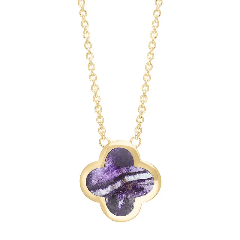 9ct Yellow Gold Blue John Bloom Large Four Leaf Clover Polished Edge Pendant sold by C.W. Sellors