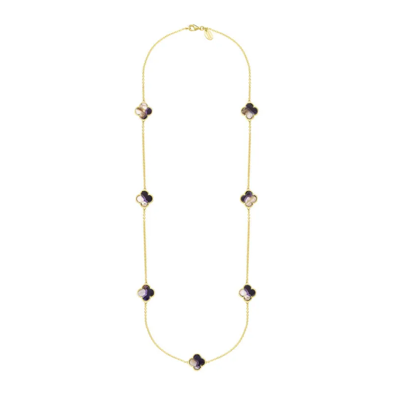 9ct Yellow Gold Blue John Bloom Four Leaf Clover Ball Edge Long Necklace sold by C.W. Sellors