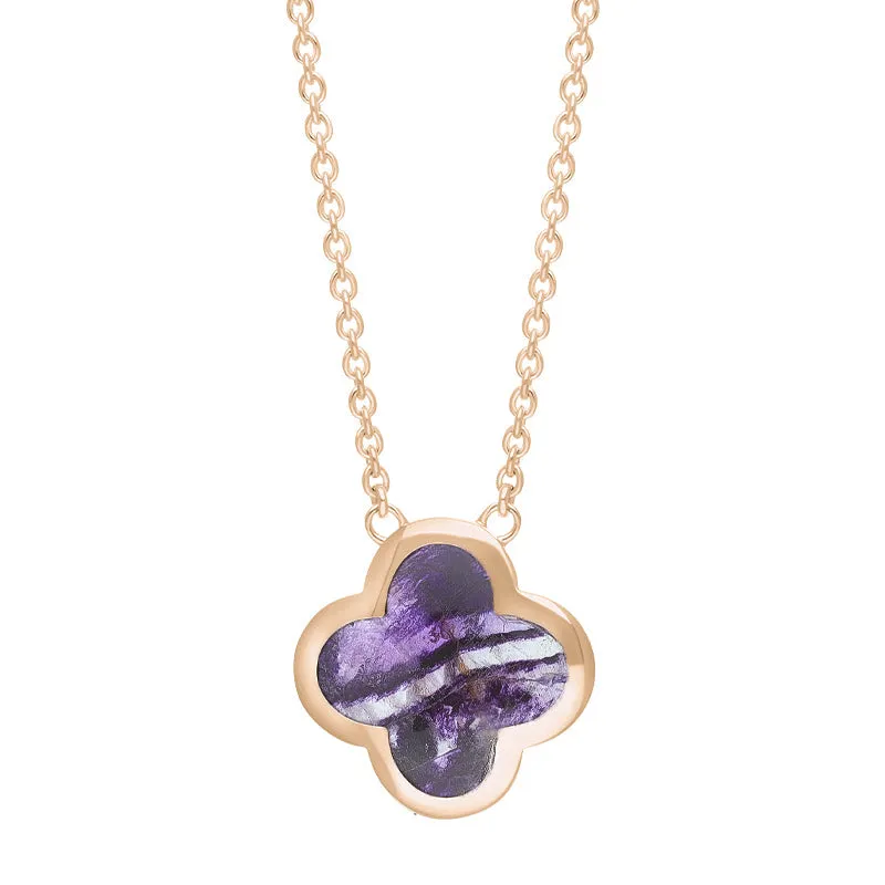 9ct Rose Gold Blue John Bloom Large Four Leaf Clover Polished Edge Pendant sold by C.W. Sellors