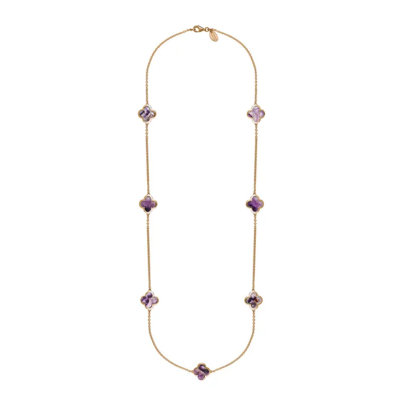 9ct Rose Gold Blue John Bloom Four Leaf Clover Long Necklace sold by C.W. Sellors