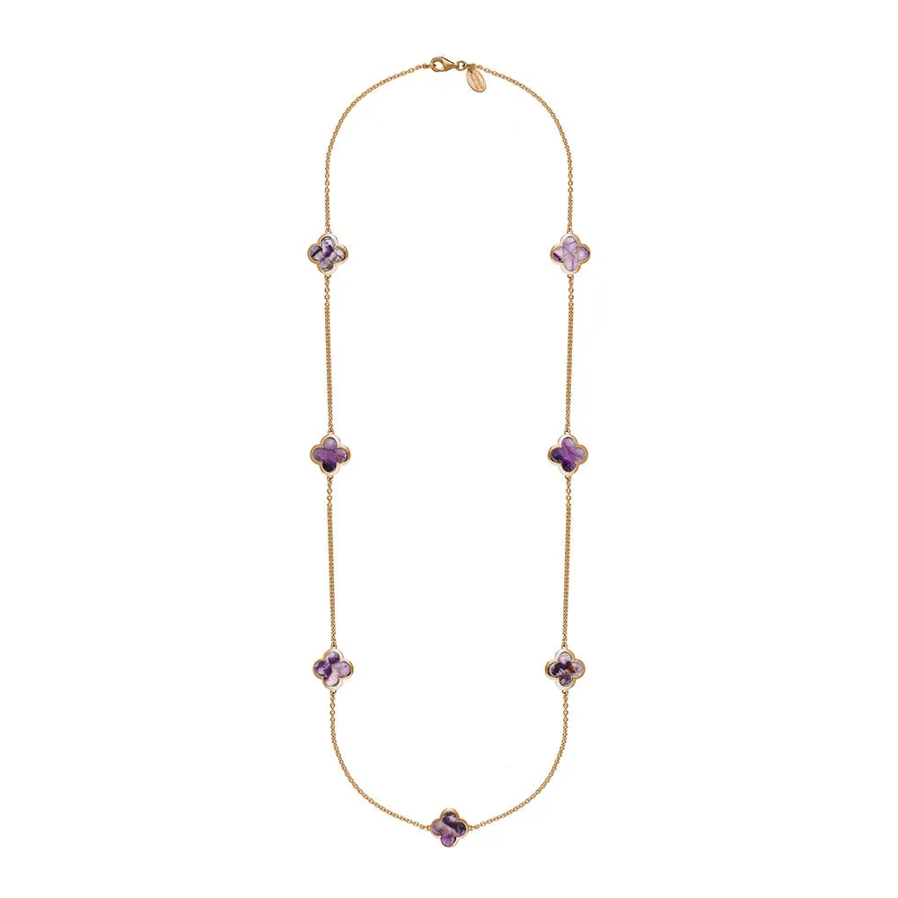 9ct Rose Gold Blue John Bloom Four Leaf Clover Long Necklace sold by C.W. Sellors