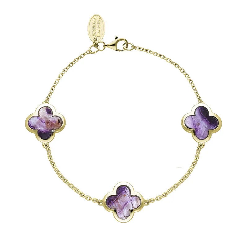 9ct Yellow Gold Blue John  Bloom Four Leaf Clover Chain Bracelet sold by C.W. Sellors