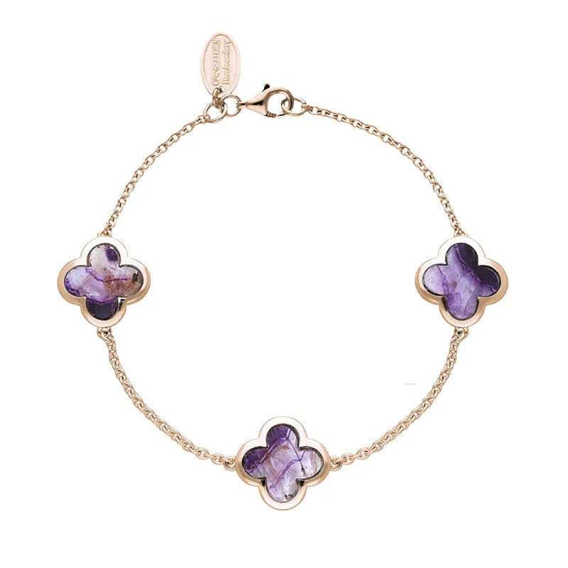 9ct Rose Gold Blue John  Bloom Four Leaf Clover Chain Bracelet sold by C.W. Sellors