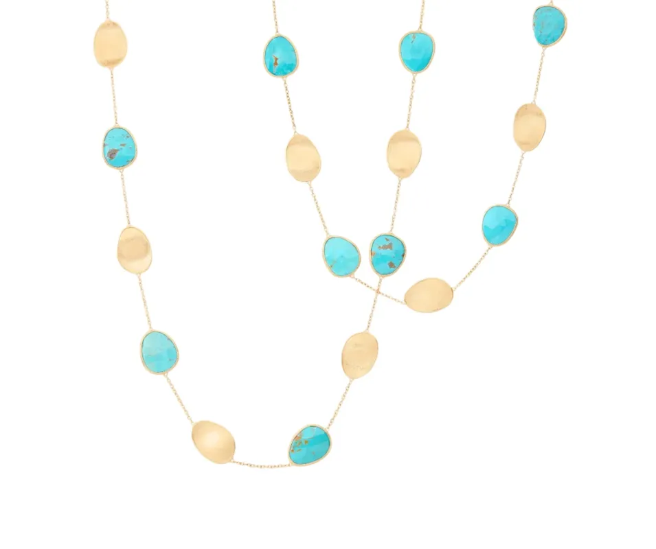 Marco Bicego Lunaria Colour 18ct Yellow Gold Diamond and Turquoise Long Necklace sold by C.W. Sellors