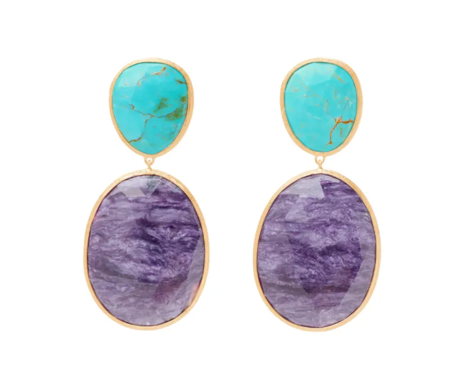 Marco Bicego Lunaria Colour 18ct Yellow Gold Turquoise & Charoite Double Drop Earrings sold by C.W. Sellors