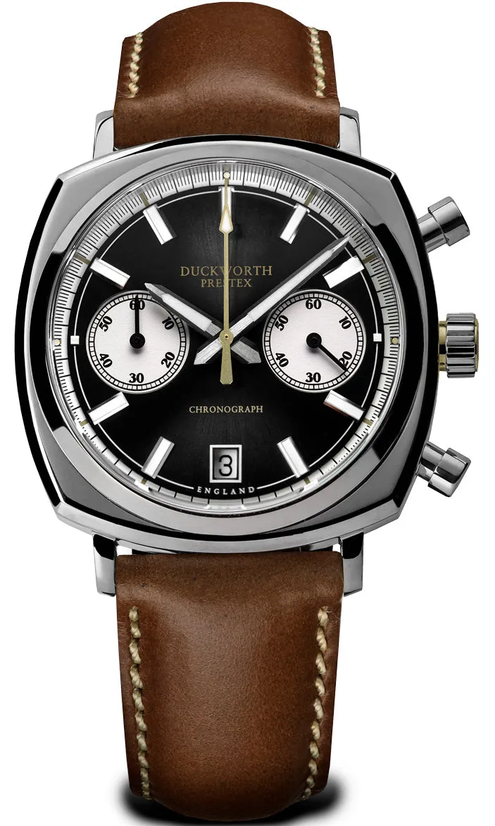 Duckworth Prestex Chronograph 42 Black Sunburst Tan Leather Watch sold by C.W. Sellors
