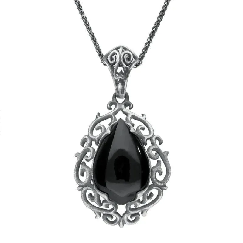 Sterling Silver Whitby Jet Ornate Carved Pear Necklace sold by C.W. Sellors