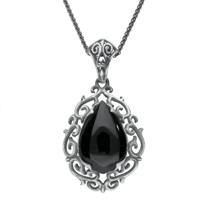 Sterling Silver Whitby Jet Ornate Carved Pear Necklace sold by C.W. Sellors