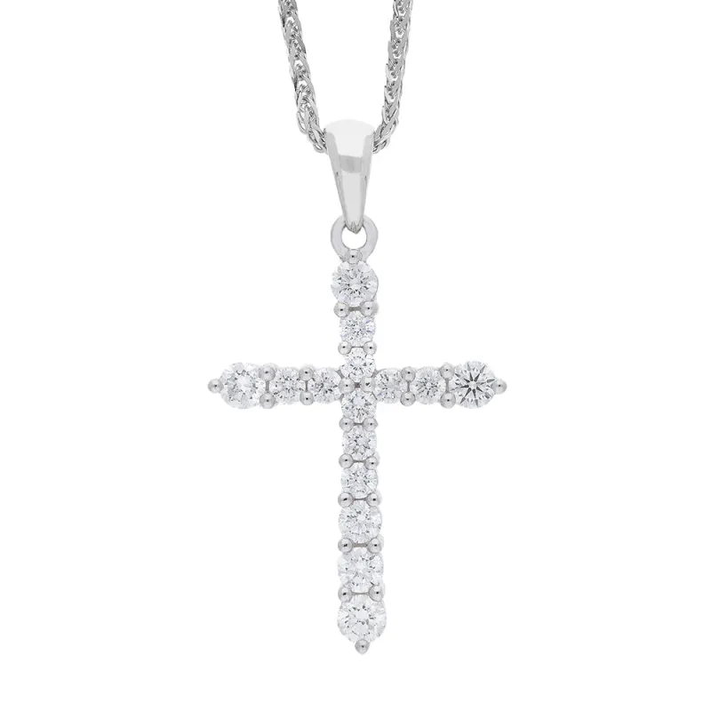 18ct White Gold 0.44ct Diamond 15 Stone Graduated Cross Pendant & Chain sold by C.W. Sellors