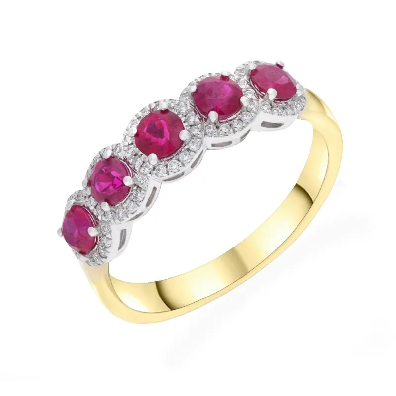 18ct Yellow Gold 0.15ct Diamond & 0.92ct Ruby Round Cluster Eternity Ring sold by C.W. Sellors
