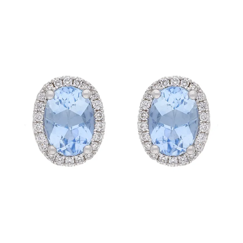 18ct White Gold 0.15ct Diamond & 1.54ct Aquamarine Oval Cluster Earrings sold by C.W. Sellors