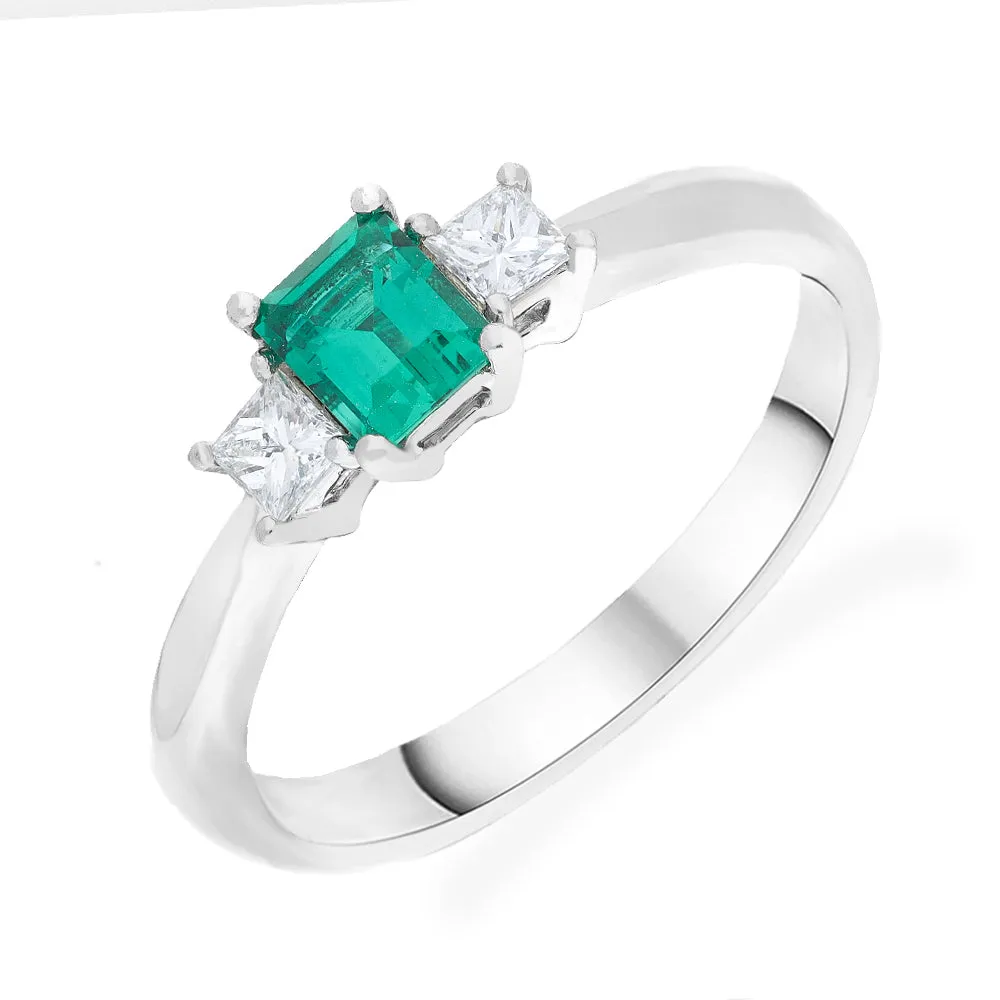 Platinum 0.43ct Emerald 0.20ct Diamond Square Cut Trilogy Ring sold by C.W. Sellors