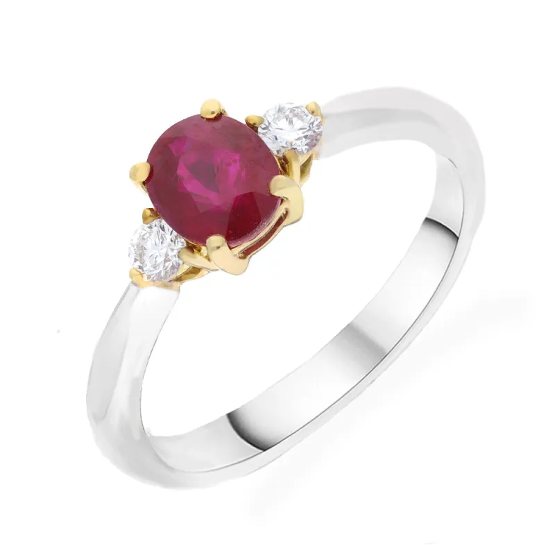 18ct White Gold 1.02ct Ruby & 0.15ct Diamond Oval Centre Trilogy Ring sold by C.W. Sellors