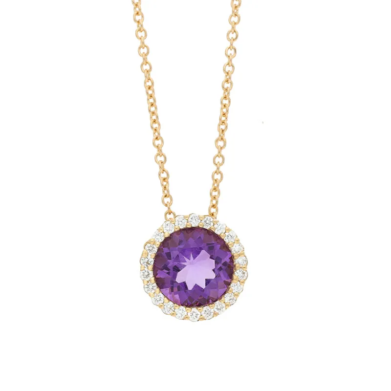 18ct Yellow Gold 0.67ct Amethyst and Diamond Round Cluster Pendant & Chain sold by C.W. Sellors
