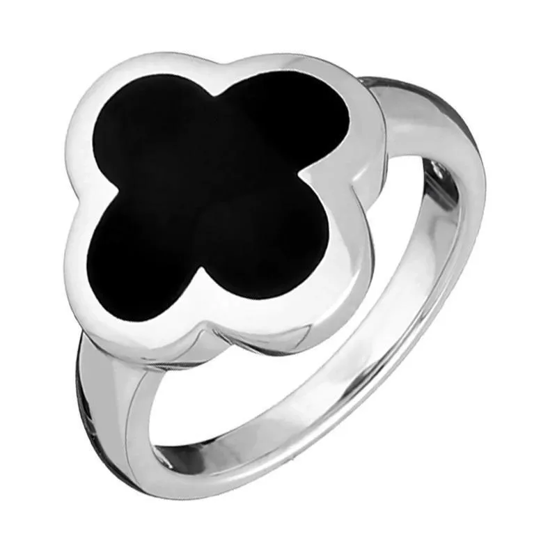 Sterling Silver Whitby Jet Four Leaf Clover Bloom Ring sold by C.W. Sellors