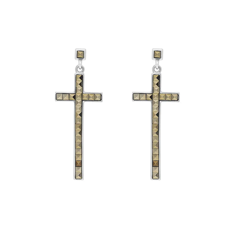 Sterling Silver Marcasite Slim Long Cross Earrings sold by C.W. Sellors