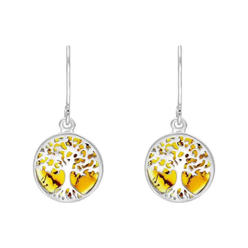 Sterling Silver and Amber Tree of Life Drop Earrings sold by C.W. Sellors