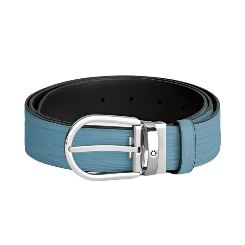 Montblanc Horseshoe Buckle Smoky Blue 35mm Leather Belt sold by C.W. Sellors