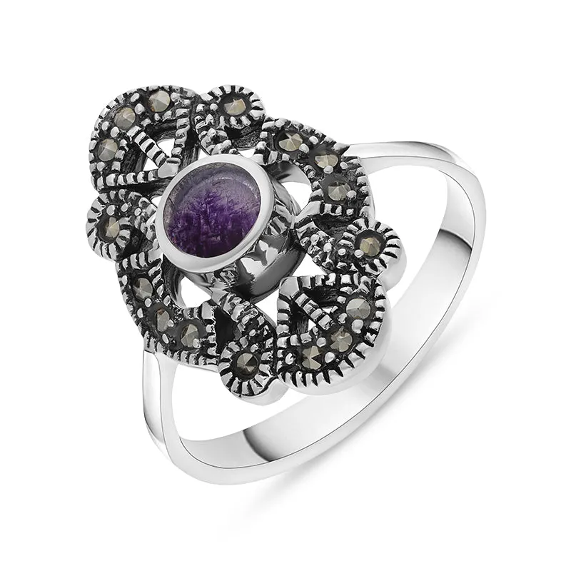 Sterling Silver Blue John Marcasite Round Centre Long Oval Dress Ring sold by C.W. Sellors