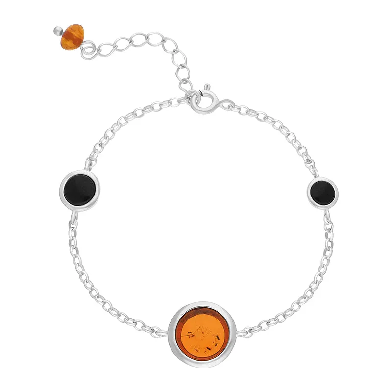 Sterling Silver Whitby Jet and Amber 3 Stone Bracelet sold by C.W. Sellors