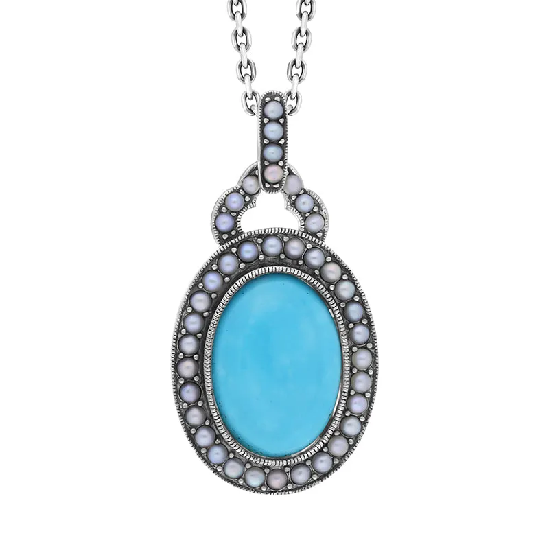 Sterling Silver Pearl and Turquoise Large Framed Oval Pendant sold by C.W. Sellors