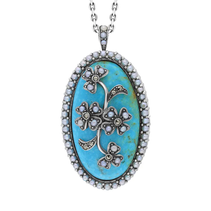 Sterling Silver Pearl and Turquoise Flower Back Large Oval Pendant sold by C.W. Sellors