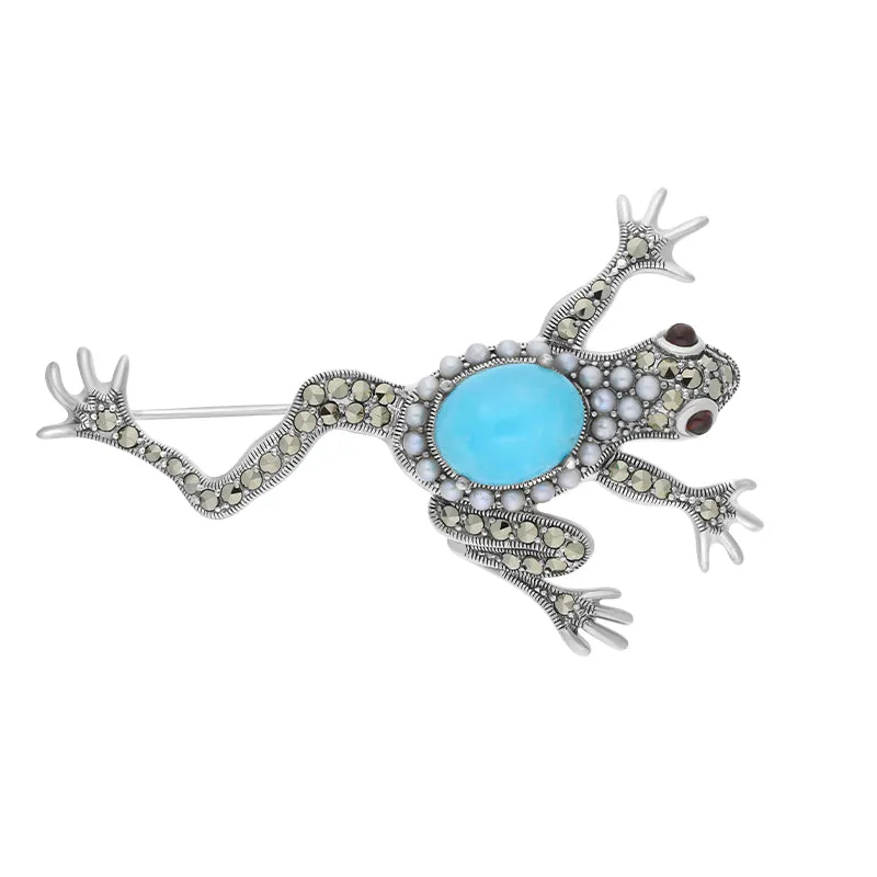 Sterling Silver Pear and Turquoise Marcasite Large Frog Brooch sold by C.W. Sellors