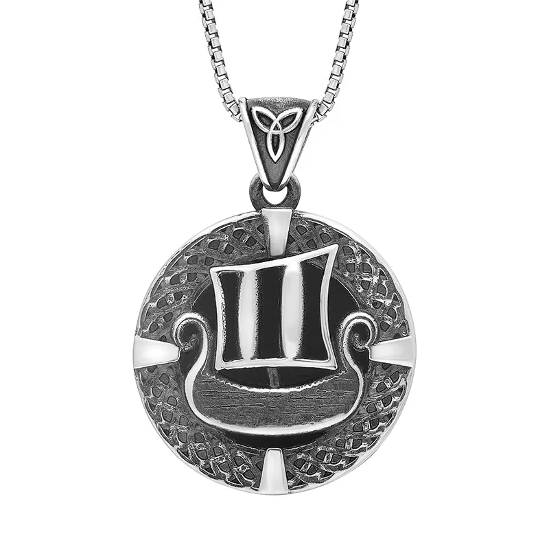 Blackened Silver Whitby Jet Round Celtic Ship Pendant sold by C.W. Sellors