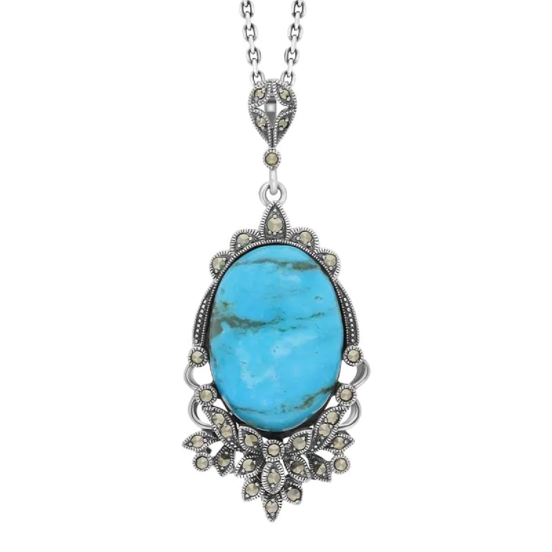 Sterling Silver Turquoise Marcasite Edge Oval Flower Large Necklace sold by C.W. Sellors