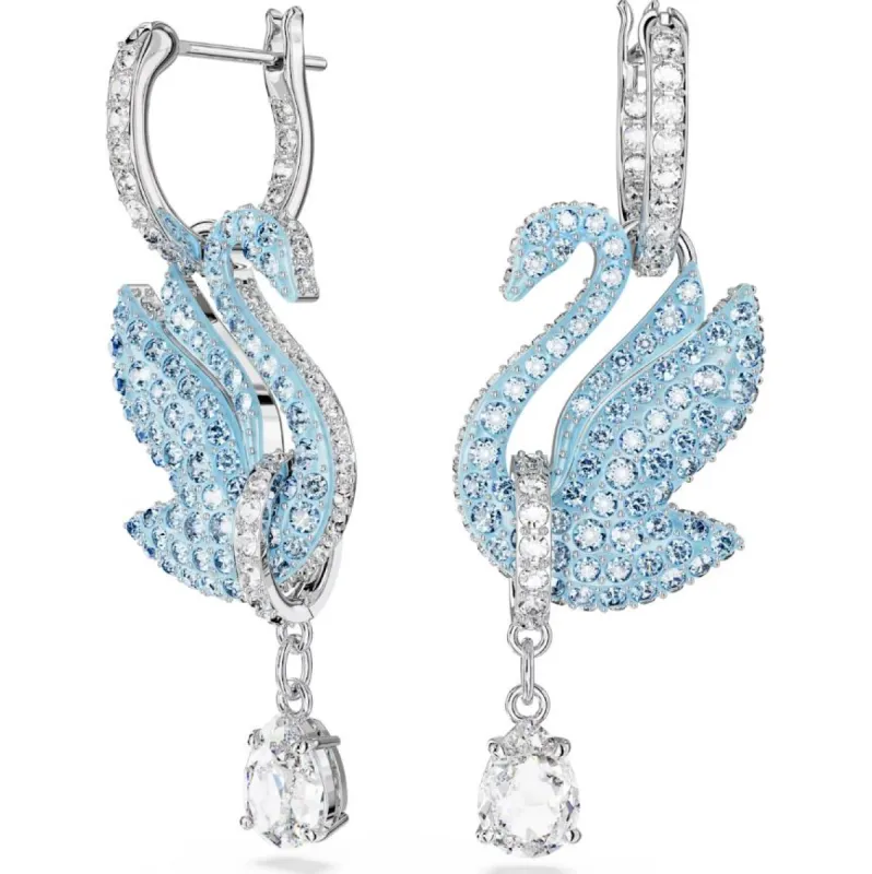 Swarovski Iconic Swan Rhodium Plated Blue Crystal Swan Earrings sold by C.W. Sellors