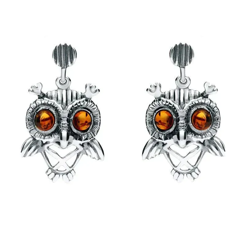 9ct White Gold Amber Orange Owl Stud Earrings sold by C.W. Sellors